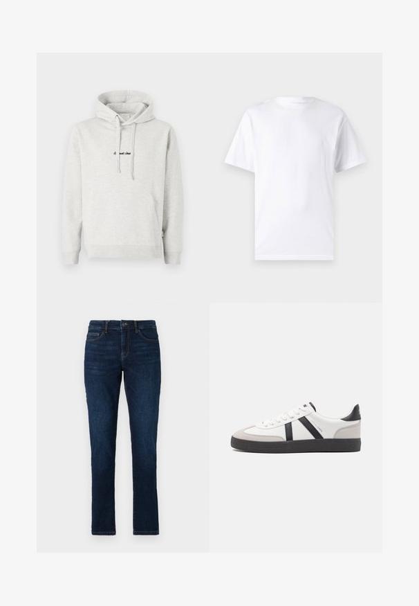 Hellgrauer Hoodie mit Kängurutasche, Kapuze mit Kordelzug und schwarzen gestickten Text auf der Vorderseite. Mischgewebe aus Baumwolle, gerippte Bündchen.; Weißes kurzärmeliges T-Shirt aus Baumwolle mit Rundhalsausschnitt, das eine glatte Textur und ein einfaches Design ohne Muster oder Akzente aufweist.; Dunkelblaue Jeans im Slim-Fit-Stil mit dem klassischen Fünf-Taschen-Design sowie einer Knopf- und Reißverschlussbefestigung. Glatte Textur mit minimalem Verblassen.; Weiße Sneaker mit schwarz- und grau-aczenten, ausgestattet mit einer strukturierten grauen Zehenkappe, schwarzer Gummi-Sohle und flachen weißen Schnürsenkeln. Sauberes Design, minimalistische Stil.