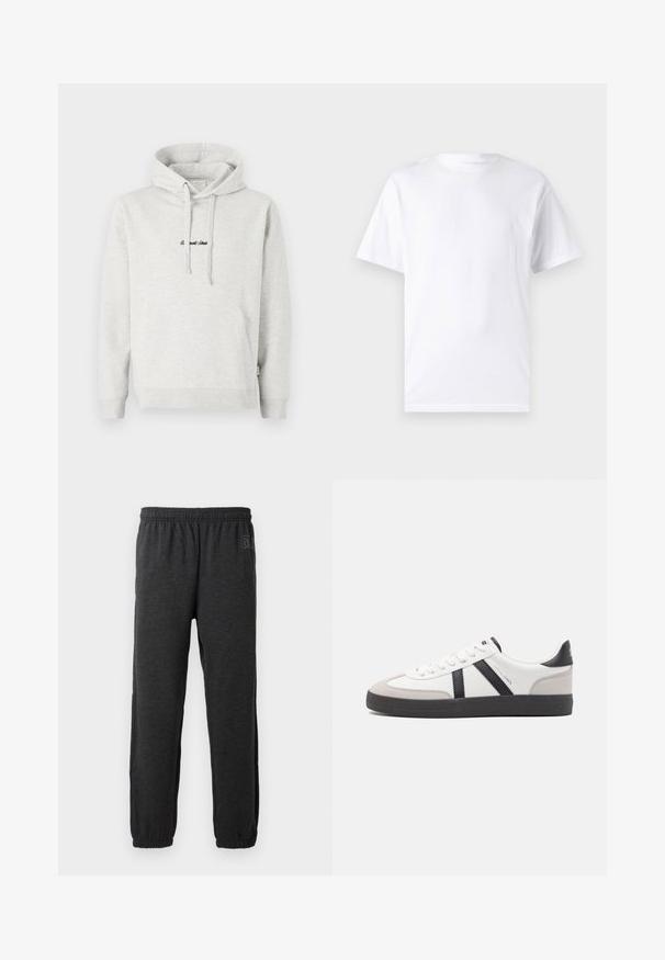 Lysegrå hættejakke med kengurulomme, snoretræk i hætten og broderet tekst i sort på fronten. Stoffet er en bomuldsblanding, ribbede manchetter.; Hvid kortærmet t-shirt lavet af bomuld med rund hals, der har en glat tekstur og et simpelt design uden mønstre eller accenter.; Grå sweatpants lavet af blødt stof, med elastisk talje og indsnævrede ben med elastiske manchetter. Subtilt logo detalje på det ene ben.; Hvide sneakers med sorte og grå detaljer, med en tekstureret grå tåhætte, sort gummisål og flade hvide snørebånd. Rent design, minimalistisk stil.