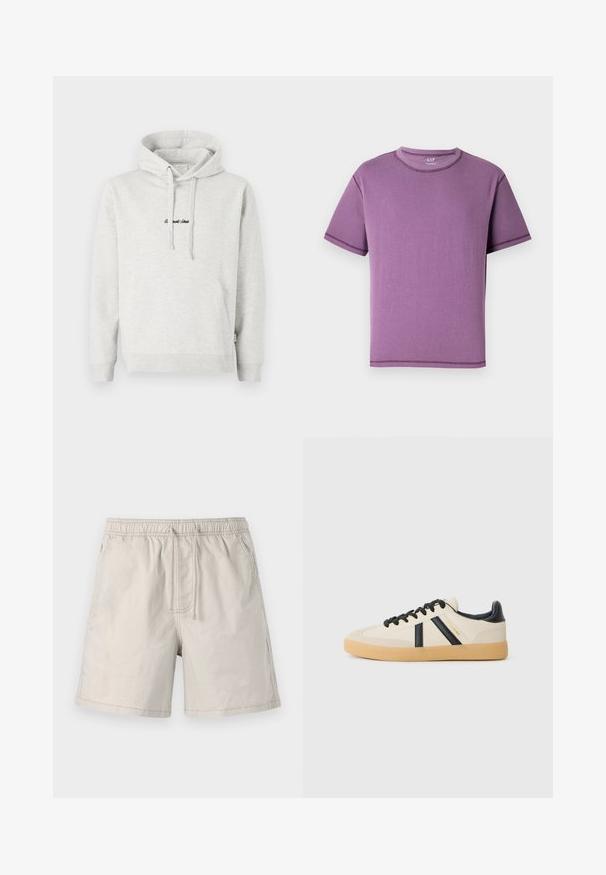 Sudadera gris claro con un bolsillo tipo canguro, capucha con cordón y texto bordado en negro en la parte delantera. Tejido de mezcla de algodón, puños acanalados.; Camiseta de manga corta morada hecha de algodón suave, con cuello redondo y costuras en contraste a lo largo de las costuras.; Pantalones cortos beiges hechos de una tela ligera, con cinturilla elástica, cordón y bolsillos laterales con costuras en contraste.; Zapatillas casuales en crema con rayas negras, con parte superior texturizada y suela de goma. Los cordones son negros. Logo sutil en el costado.