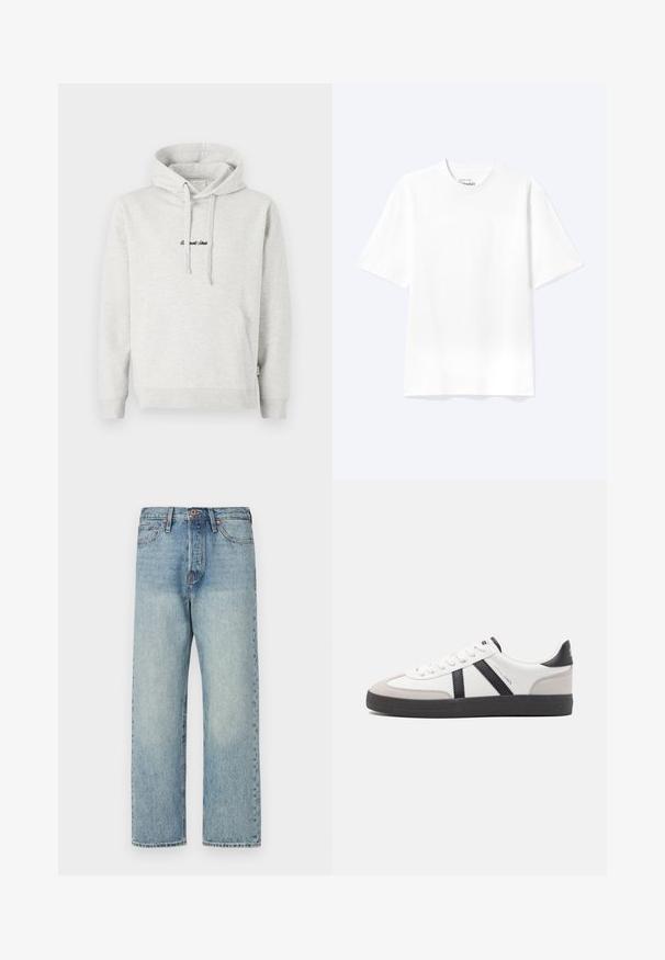 Sudadera gris claro con un bolsillo tipo canguro, capucha con cordón y texto bordado en negro en la parte delantera. Tejido de mezcla de algodón, puños acanalados.; Camiseta lisa blanca de manga corta y cuello redondo con un corte relajado, mostrada sobre un fondo claro.; Jeans de mezclilla azul claro con un diseño de pierna recta, cinco bolsillos y herrajes en bronce. Mínima decoloración con un acabado limpio.; Zapatilla blanca con acentos en negro y gris, que presenta una puntera texturizada en gris, suela de goma negra y cordones planos blancos. Diseño limpio, estilo minimalista.