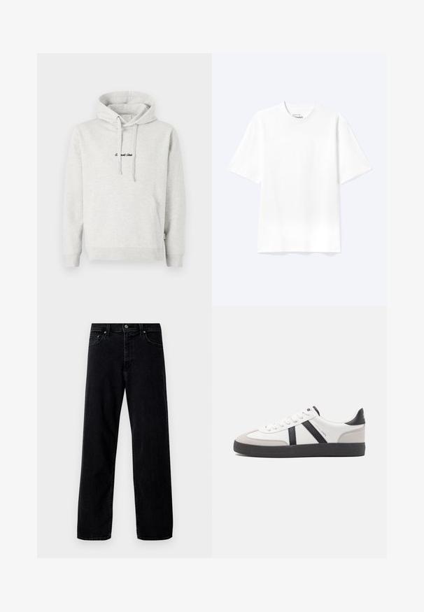 Sudadera gris claro con un bolsillo tipo canguro, capucha con cordón y texto bordado en negro en la parte delantera. Tejido de mezcla de algodón, puños acanalados.; Camiseta lisa blanca de manga corta y cuello redondo con un corte relajado, mostrada sobre un fondo claro.; Hollister Co. Vaqueros baggy - washed black; Zapatilla blanca con acentos en negro y gris, que presenta una puntera texturizada en gris, suela de goma negra y cordones planos blancos. Diseño limpio, estilo minimalista.
