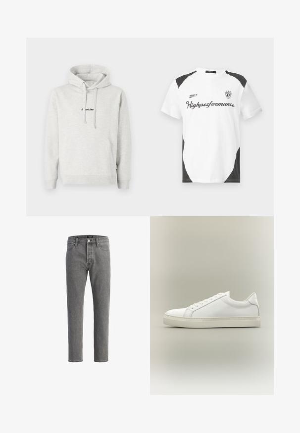 Hellgrauer Hoodie mit Kängurutasche, Kapuze mit Kordelzug und schwarzen gestickten Text auf der Vorderseite. Mischgewebe aus Baumwolle, gerippte Bündchen.; Weißes Kurzarm-T-Shirt mit schwarzen Akzenten. Verfügt über das Logo "REPLAY FC" und den Text "Highperformance" in einer sportlichen Schriftart. Hergestellt aus einem glatten Material.; Graue Jeans aus Denim mit geradem Schnitt, fünf Taschen und Metallknopfverschluss. Der Stoff hat eine weiche, strukturierte Oberfläche.; Weißer Sneaker mit niedrigem Schaft, vorn mit Schnürung und dicker Sohle, aus der Seitenansicht vor neutralem Hintergrund.