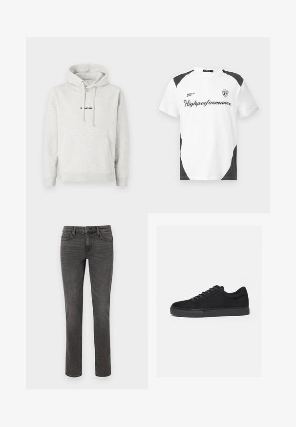 Hoodie gris clair avec une poche kangourou, capuche avec cordon de serrage et texte brodé en noir sur le devant. Tissu en mélange de coton, poignets côtelés.; T-shirt blanche à manches courtes avec des accents noirs. Présente le logo "REPLAY FC" et le texte "Highperformance" dans une police sportive. Fabriquée à partir d'un matériau lisse.; Jeans en denim gris avec une coupe droite, des détails de couture, cinq poches et un bouton métallique de fermeture à la taille.; Baskets basses noires avec fermeture à lacets à l'avant et semelle en caoutchouc plate, vues de profil sur fond blanc.