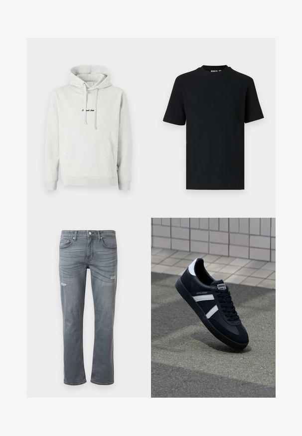 Lichtgrijze hoodie met een kangoeroezak, een capuchon met trekkoord en geborduurde tekst in het zwart aan de voorkant. Gemaakt van een katoenblend, met ribgebreide manchetten.; Zwart, geribd, gebreid T-shirt met korte mouwen en ronde hals, met een klein zichtbaar label aan de binnenkant van de kraag.; Grijze denim jeans met een rechte pijpdesign, lichte slijtage bij de knieën en traditionele vijf-pocket stijl. Knopsluiting bij de taille.; Zwarte leren sneaker met witte strepen, een gestructureerde rubberen zool en vetersluiting aan de voorkant. Voorzien van een merklabel op de tong.