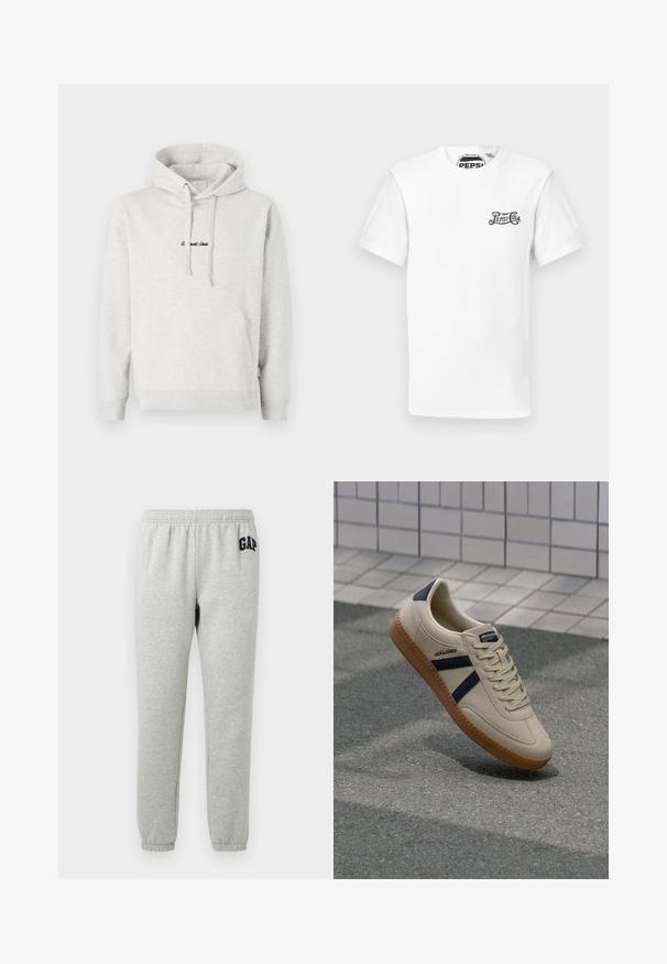 Hellgrauer Hoodie mit Kängurutasche, Kapuze mit Kordelzug und schwarzen gestickten Text auf der Vorderseite. Mischgewebe aus Baumwolle, gerippte Bündchen.; Weißes T-Shirt mit kurzer Ärmeln und Rundhalsausschnitt, mit kleinem schwarzen "Pepsi-Cola"-Logo auf der linken Brust und markiertem Halsband.; Graue Jogginghose mit elastischem Bund, abgeklebten Knöcheln und einem dunkelblauen "GAP"-Logo auf dem linken Oberschenkel. Weicher Baumwollmischstoff.; Beige Sneaker mit strukturierter Oberfläche, dunkelblauen Streifen und Gummisohle. Verfügt über eine gepolsterte Zunge und ein traditionelles Schnürsystem für einen sicheren Sitz.