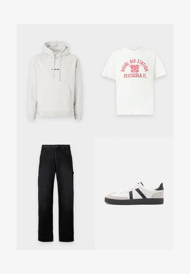 Lysegrå hættejakke med kengurulomme, snoretræk i hætten og broderet tekst i sort på fronten. Stoffet er en bomuldsblanding, ribbede manchetter.; Hvid T-shirt med korte ærmer med rød tekst "NAVAL AIR STATION PENSACOLA, FL." og et ørneemblem i midten foran.; Sorte denim jeans med lige ben, der har frontlommer, knaplukning og sidelommer til ekstra opbevaring.; Hvide sneakers med sorte og grå detaljer, med en tekstureret grå tåhætte, sort gummisål og flade hvide snørebånd. Rent design, minimalistisk stil.
