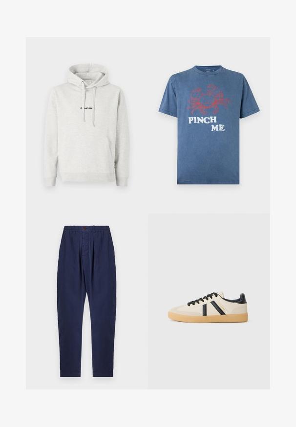 Lysegrå hættejakke med kengurulomme, snoretræk i hætten og broderet tekst i sort på fronten. Stoffet er en bomuldsblanding, ribbede manchetter.; Blå bomulds-T-shirt med en rød krabbe-grafik og teksten "PINCH ME", med en afslappet pasform og rund hals.; Marineblå bukser lavet af tekstureret stof med elastisk talje, knaplukning og to frontfolder for ekstra designfunktion.; Casual sneakers i creme med sorte striber, med en tekstureret overdel og sål i gummigummi. Snørebåndene er sorte. Diskret logo på siden.