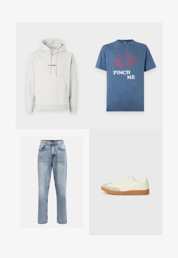 Heledast hall sweatshirt, millel on kängurupocket, kõikuma cape ja musta värvi tikandiga tekst ees. Puuvillase segu kangas, ribaga soonikuid.; Sinine puuvillane T-särk, millel on punase krabi graafika ja tekst "PINCH ME", lõdva lõikega ja ümara kaelusega.; Heledad sinine teksapüksid kõrge vöökoht ja sirge lõikega, viie taskuga ja nööbiga sulgur. Omab õrnalt pleekinud ja õmbluse detaile.; Valgedest nahast tennisekets, millel on beež peaalus ja heledast pruunist kummist talla. Omab lapikuid valgeid paelu ning embosseeritud brändimist küljel.