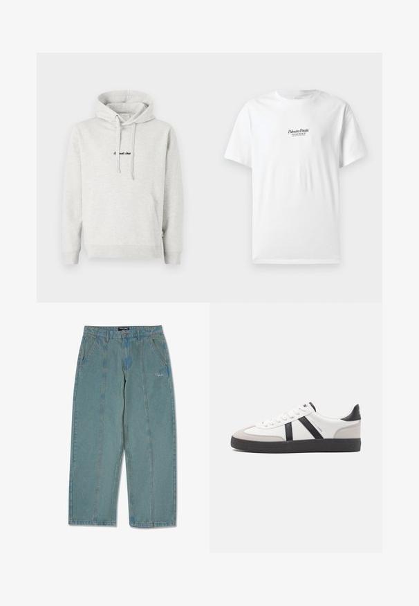 Heledast hall sweatshirt, millel on kängurupocket, kõikuma cape ja musta värvi tikandiga tekst ees. Puuvillase segu kangas, ribaga soonikuid.; Valge puuvillane T-särk lühikeste varrukatega, mille esiküljel on musta skripti kirjas tekst "Palmiera Pantó" ja "VENICE BEACH".; Heledad siniste värvi denimpüksid sirge lõikega, ees taskud ja peene tikandiga logo vöökoha lähedal.; Valged tossud mustade ja hallide aktsentidega, tekstureeritud halli varbakattega, musta kummitald ja lamedad valged paelad. Puhtad jooned, minimalistlik stiil.