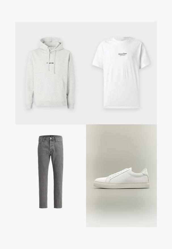 Hellgrauer Hoodie mit Kängurutasche, Kapuze mit Kordelzug und schwarzen gestickten Text auf der Vorderseite. Mischgewebe aus Baumwolle, gerippte Bündchen.; Weißes Baumwoll-T-Shirt mit kurzen Ärmeln, das auf der Vorderseite den Text "Palmiera Pantó" und "VENICE BEACH" in schwarzer Schrift zeigt.; Graue Jeans aus Denim mit geradem Schnitt, fünf Taschen und Metallknopfverschluss. Der Stoff hat eine weiche, strukturierte Oberfläche.; Weißer Sneaker mit niedrigem Schaft, vorn mit Schnürung und dicker Sohle, aus der Seitenansicht vor neutralem Hintergrund.
