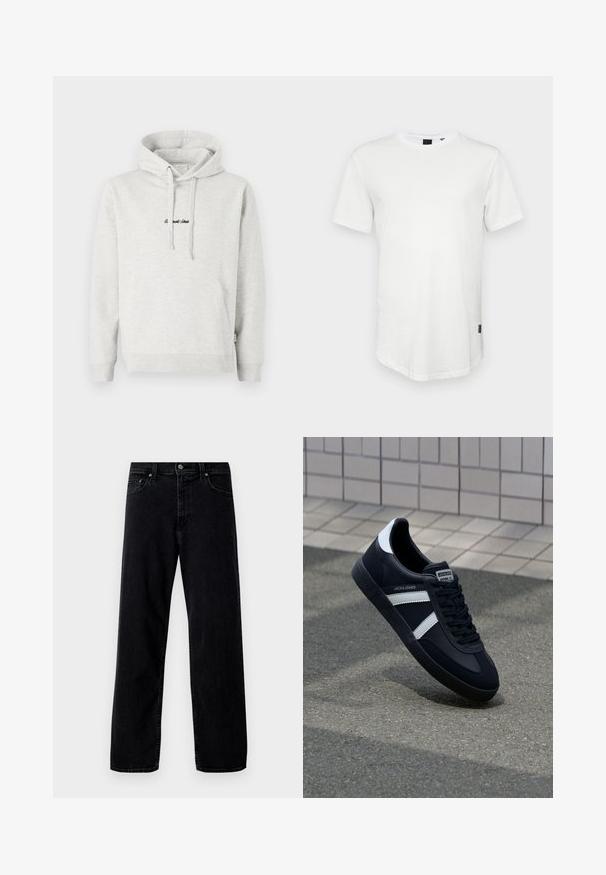 Lysegrå hættejakke med kengurulomme, snoretræk i hætten og broderet tekst i sort på fronten. Stoffet er en bomuldsblanding, ribbede manchetter.; Hvid kortærmet t-shirt lavet af bomuld, med rund halsudskæring og en let forlænget ryg, samt en lille logoaccent på siden.; Hollister Co. Baggy jeans - washed black; Sort lædersneaker med hvide striber, tekstureret gummisål og snørrebånd foran. Har et brandet mærke på tungen.