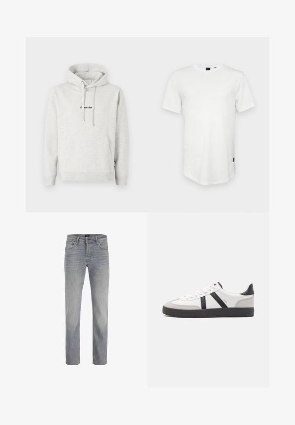 Lysegrå hættejakke med kengurulomme, snoretræk i hætten og broderet tekst i sort på fronten. Stoffet er en bomuldsblanding, ribbede manchetter.; Hvid kortærmet t-shirt lavet af bomuld, med rund halsudskæring og en let forlænget ryg, samt en lille logoaccent på siden.; Lys grå denimjeans med lige ben-design, fem-lomme stil og klassisk knappelukning. Glat stoftekstur og ren finish.; Hvide sneakers med sorte og grå detaljer, med en tekstureret grå tåhætte, sort gummisål og flade hvide snørebånd. Rent design, minimalistisk stil.