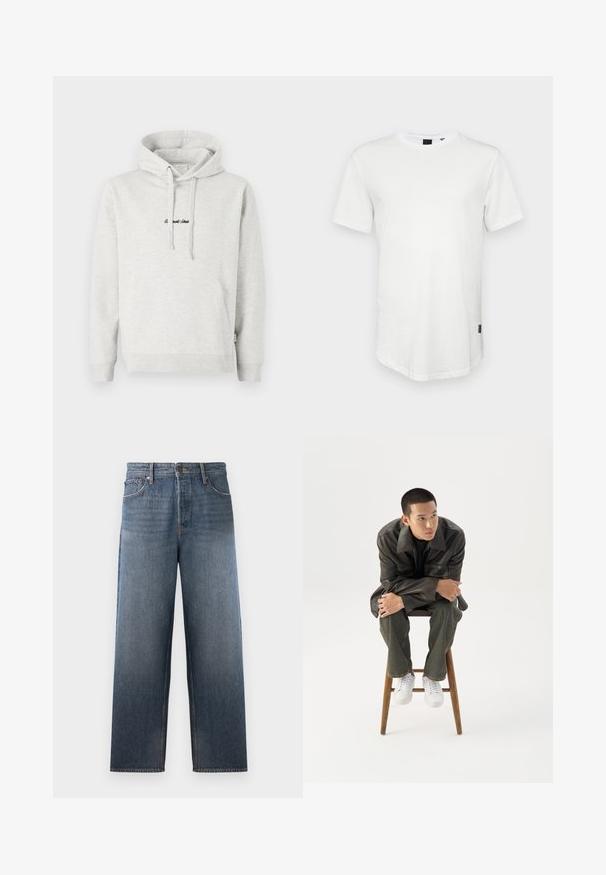 Hellgrauer Hoodie mit Kängurutasche, Kapuze mit Kordelzug und schwarzen gestickten Text auf der Vorderseite. Mischgewebe aus Baumwolle, gerippte Bündchen.; Weißes T-Shirt mit kurzen Ärmeln aus Baumwolle, mit Rundhalsausschnitt und einem leicht verlängerten Rückenteil, sowie einem kleinen Logo-Akzent an der Seite.; Jeans aus Denim in mittlerem Blau mit einem geraden Bein Design, ausgestattet mit fünf Taschen, einem Knopf- und Reißverschluss sowie subtilen Verblassungen.; Junger Mann in dunkler Lederjacke und Jeans sitzt auf einem Holzstuhl, lehnt sich mit verschränkten Armen nach vorne und schaut seitlich vor weißem Hintergrund.