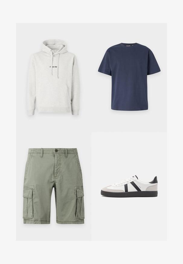 Lysegrå hættejakke med kengurulomme, snoretræk i hætten og broderet tekst i sort på fronten. Stoffet er en bomuldsblanding, ribbede manchetter.; Mørkeblå bomulds T-shirt med rund halsudskæring og korte ærmer. Glat tekstur, lige snit og minimale sømme, hvilket giver et klassisk design.; Grønne cargo shorts lavet af bomuldsblanding, der har to sidelommer, knaplukning og lige snit.; Hvide sneakers med sorte og grå detaljer, med en tekstureret grå tåhætte, sort gummisål og flade hvide snørebånd. Rent design, minimalistisk stil.