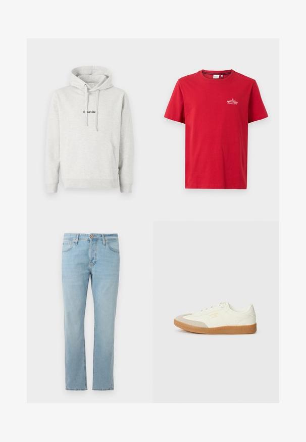 Svetlošedá mikina s klokankou, kapucňou na šnúrku a čiernym výšivkom na prednej strane. Zmesová bavlnená látka, manžety s rebrovaním.; Pepe Jeans THIAGO TEE - Tričko s potlačou - rugby red; Svetlo modré denimové džínsy so strihom rovného kúsku, piatimi vreckami a gombíkovým zapínaním v páse, zobrazené v plochom prevedení na bielom pozadí.; Tenisky vyrobené z bielej kože s béžovou špičkou a svetlohnedou gumovou podrážkou. Majú ploché biele šnúrky a embosované logo na boku.