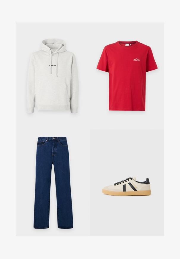 Sudadera gris claro con un bolsillo tipo canguro, capucha con cordón y texto bordado en negro en la parte delantera. Tejido de mezcla de algodón, puños acanalados.; Pepe Jeans THIAGO TEE - Camiseta estampada - rugby red; Vaqueros de mezclilla azul oscuro con corte recto, con costuras naranjas, cierre de botones y dos bolsillos delanteros con remaches en contraste.; Zapatillas casuales en crema con rayas negras, con parte superior texturizada y suela de goma. Los cordones son negros. Logo sutil en el costado.