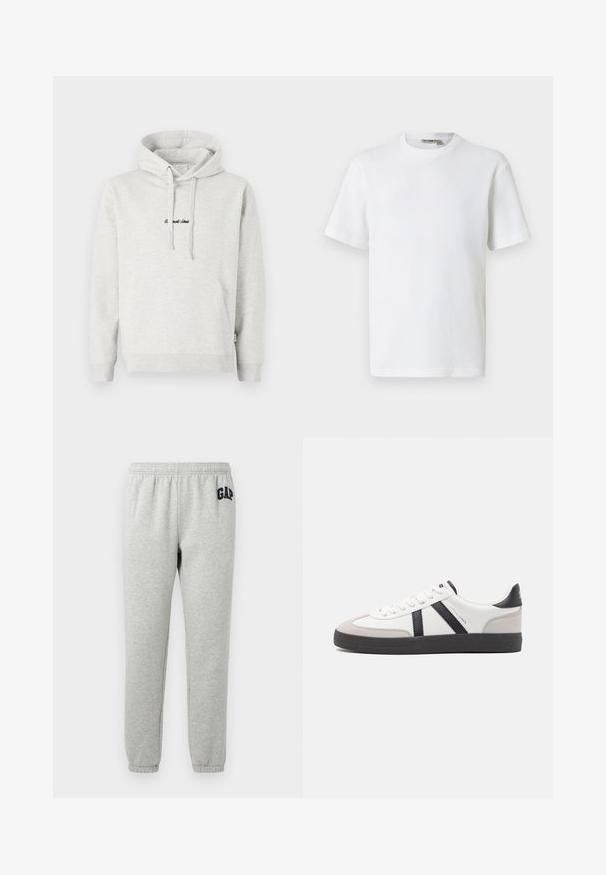 Heledast hall sweatshirt, millel on kängurupocket, kõikuma cape ja musta värvi tikandiga tekst ees. Puuvillase segu kangas, ribaga soonikuid.; Valge lühikeste varrukatega vahvlilõngast ümarakaelusega t-särk, mille krae siseküljel on väike brändi sildike, esitatud ühevärvsel taustal.; Hallid hallid spordipüksid, millel on elastne vöökoht, pahkluude juures nööbiga ning tumedanavi "GAP" logo vasakul ülemisel reiel. Pehme puuvillase segu kangas.; Valged tossud mustade ja hallide aktsentidega, tekstureeritud halli varbakattega, musta kummitald ja lamedad valged paelad. Puhtad jooned, minimalistlik stiil.