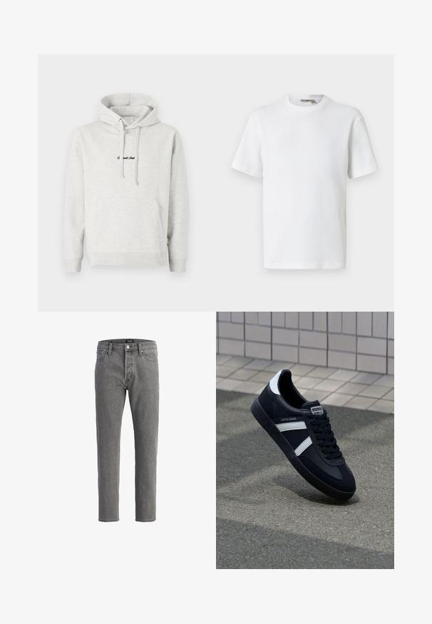 Hellgrauer Hoodie mit Kängurutasche, Kapuze mit Kordelzug und schwarzen gestickten Text auf der Vorderseite. Mischgewebe aus Baumwolle, gerippte Bündchen.; Weißes, kurzärmeliges T-Shirt mit Waffelstrick und Rundhalsausschnitt, mit kleinem Markenetikett im Kragen, auf einfarbigem Hintergrund präsentiert.; Graue Jeans aus Denim mit geradem Schnitt, fünf Taschen und Metallknopfverschluss. Der Stoff hat eine weiche, strukturierte Oberfläche.; Schwarze Leder-Sneaker mit weißen Streifen, strukturiertem Gummisohle und Schnürung. Verfügt über ein Markenetikett auf der Zunge.