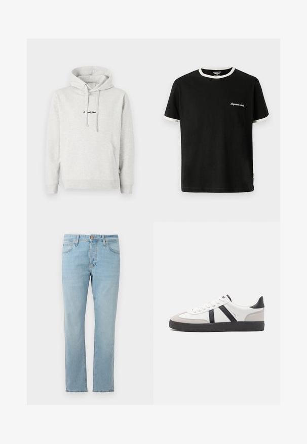Lichtgrijze hoodie met een kangoeroezak, een capuchon met trekkoord en geborduurde tekst in het zwart aan de voorkant. Gemaakt van een katoenblend, met ribgebreide manchetten.; Jack & Jones T- - T-shirt basic - black; Lichtblauwe denim jeans met een rechte snit, vijf zakken en een knoopsluiting bij de taille, plat gepresenteerd op een witte achtergrond.; Witte sneaker met zwarte en grijze accenten, voorzien van een grijze neus met textuur, zwarte rubberen zool en platte witte veters. Schoon ontwerp, minimalistische stijl.