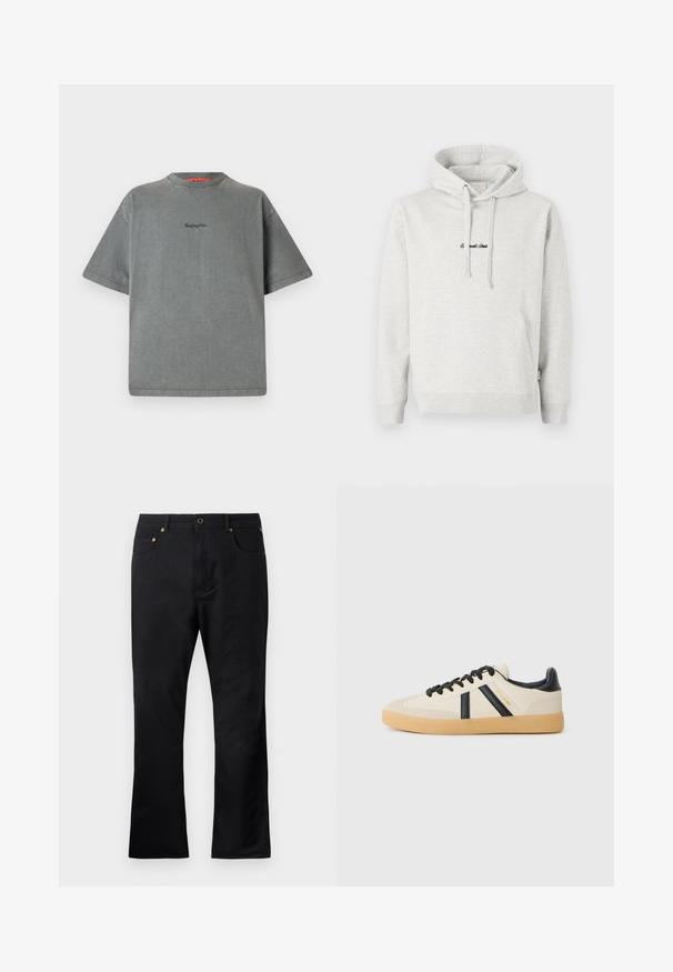 Lichtgrijze hoodie met een kangoeroezak, een capuchon met trekkoord en geborduurde tekst in het zwart aan de voorkant. Gemaakt van een katoenblend, met ribgebreide manchetten.; Replay Inc. T-shirt basic - stoned grey; Zwarte denim broek met een rechte pasvorm, voorzien van voorzakken, een knoopsluiting en accenten in goudkleurige hardware. Gladde textuur.; Casual sneakers in crème met zwarte strepen, voorzien van een gestructureerde bovenkant en een gumrubberen zool. Veters zijn zwart. Subtiel logo aan de zijkant.