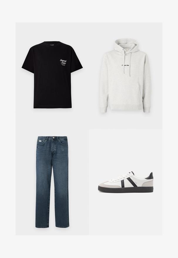 Lysegrå hættejakke med kengurulomme, snoretræk i hætten og broderet tekst i sort på fronten. Stoffet er en bomuldsblanding, ribbede manchetter.; Sort kortærmet t-shirt lavet af bomuld. Har et lille hvidt logo på venstre brystområde. Rund halsudskæring, almindelig pasform.; Mørkeblå denimbukser med lige pasform, fem lommer, bæltestropper og lynlås. Glat tekstur med subtile blegede detaljer.; Hvide sneakers med sorte og grå detaljer, med en tekstureret grå tåhætte, sort gummisål og flade hvide snørebånd. Rent design, minimalistisk stil.