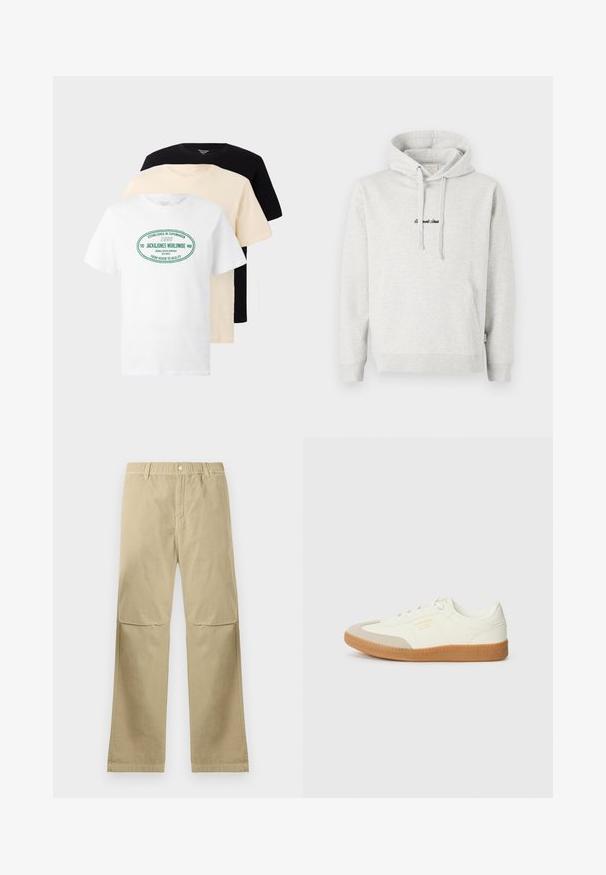 Lysegrå hættejakke med kengurulomme, snoretræk i hætten og broderet tekst i sort på fronten. Stoffet er en bomuldsblanding, ribbede manchetter.; Tre stablede T-shirts med rund hals i sort, beige og hvid, hvor den hvide T-shirt har grøn tekst "Jack & Jones Worldwide".; Beige lige bukser med trykknaplukning, bæltestropper og syninger ved knæene, liggende fladt på en hvid baggrund.; Sneaker lavet af hvid læder med en beige tåhætte og let brunt gummisål. Har flade hvide snørebånd og prægede branding på siden.