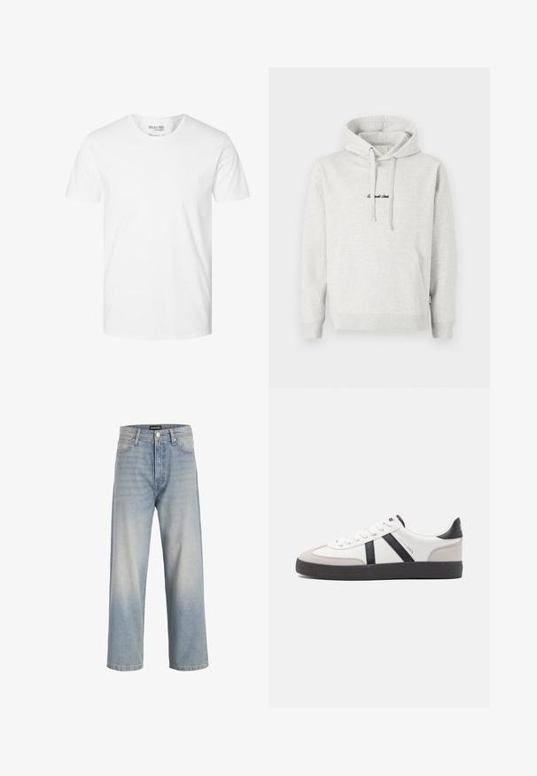 Lysegrå hættejakke med kengurulomme, snoretræk i hætten og broderet tekst i sort på fronten. Stoffet er en bomuldsblanding, ribbede manchetter.; Enkelt hvid t-shirt med korte ærmer og rund hals, lavet af økologisk bomuld, mærket Selected Homme, størrelse large.; Lys blå denimjeans med lige ben design, falmet udseende, fem lommer og en knappelukning i taljen.; Hvide sneakers med sorte og grå detaljer, med en tekstureret grå tåhætte, sort gummisål og flade hvide snørebånd. Rent design, minimalistisk stil.