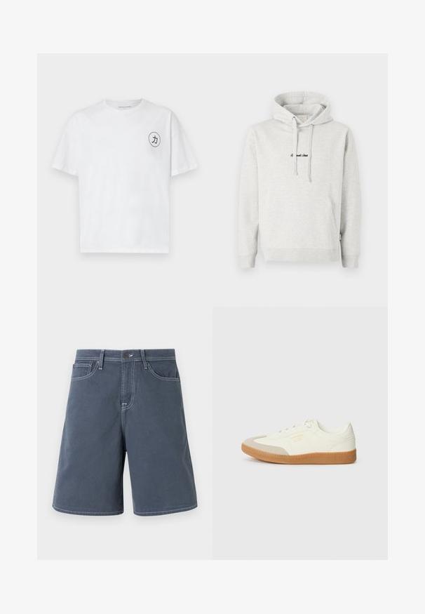 Lysegrå hættejakke med kengurulomme, snoretræk i hætten og broderet tekst i sort på fronten. Stoffet er en bomuldsblanding, ribbede manchetter.; Hvid bomulds t-shirt med rund halsudskæring, korte ærmer og et cirkulært sort grafisk motiv med en karakter på venstre bryst.; Mørkeblå shorts lavet af bomuld med hvid stikning, fem lommer og en knaplukning i taljen. Lige ben-design, minimal detaljer.; Sneaker lavet af hvid læder med en beige tåhætte og let brunt gummisål. Har flade hvide snørebånd og prægede branding på siden.