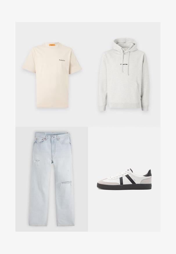 Lichtgrijze hoodie met een kangoeroezak, een capuchon met trekkoord en geborduurde tekst in het zwart aan de voorkant. Gemaakt van een katoenblend, met ribgebreide manchetten.; Replay Inc. ESSENTIAL LOGO UNISEX - T-shirt basic - ivory; Lichtblauwe denim jeans met een rechte pasvorm, voorzien van verweerde details en rafelige plekken. Standaard ontwerp met vijf zakken en metalen klinknagels.; Witte sneaker met zwarte en grijze accenten, voorzien van een grijze neus met textuur, zwarte rubberen zool en platte witte veters. Schoon ontwerp, minimalistische stijl.