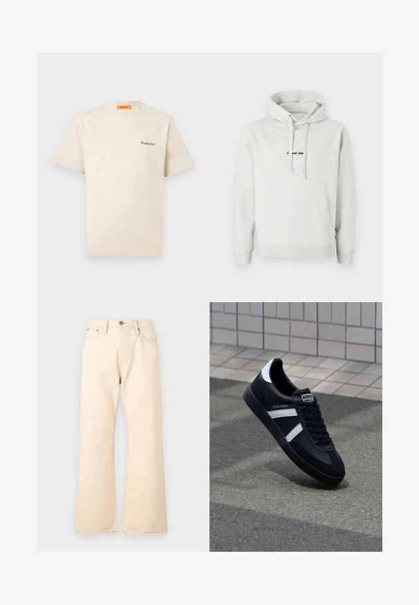 Sudadera gris claro con un bolsillo tipo canguro, capucha con cordón y texto bordado en negro en la parte delantera. Tejido de mezcla de algodón, puños acanalados.; Replay Inc. ESSENTIAL LOGO UNISEX - Camiseta básica - ivory; Jeans de talle alto color beige con un diseño de pierna ancha, hechos de mezclilla, que cuentan con un cierre de botón en la parte delantera y dos bolsillos traseros.; Zapatilla de cuero negra con rayas blancas, suela de goma texturizada y parte frontal con cordones. Cuenta con una etiqueta de marca en la lengüeta.