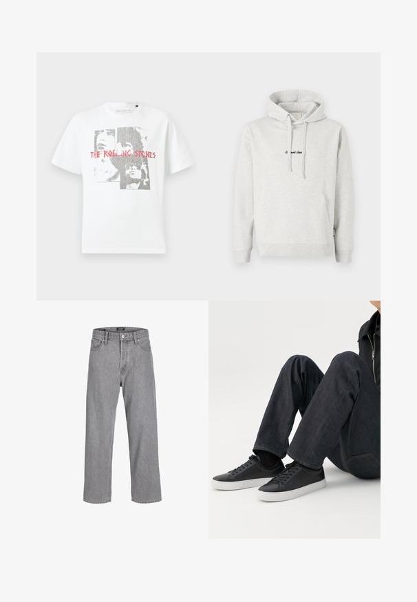 Lysegrå hættejakke med kengurulomme, snoretræk i hætten og broderet tekst i sort på fronten. Stoffet er en bomuldsblanding, ribbede manchetter.; Hvid bomulds T-shirt med et grafisk print af ansigter og teksten "THE ROLLING STONES" i rød. Rund hals og korte ærmer.; Grå denimbukser med en afslappet, løs pasform. Har et traditionelt fem-lomme design og en knaplukning i taljen.; Person siddende med bøjede ben, iført mørkeblå jeans og sorte lave sneakers med hvide såler på en hvid baggrund.