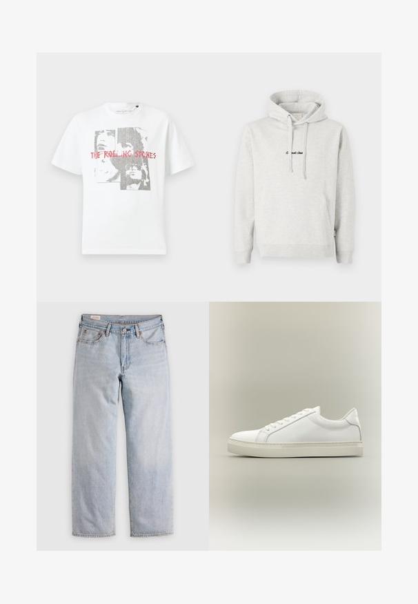 Lichtgrijze hoodie met een kangoeroezak, een capuchon met trekkoord en geborduurde tekst in het zwart aan de voorkant. Gemaakt van een katoenblend, met ribgebreide manchetten.; Witte katoenen T-shirt met een grafische print van gezichten en de tekst "THE ROLLING STONES" in het rood. Ronde hals en korte mouwen.; Lichtblauwe rechte jeans met een hoge taille, knoopsluiting en voor- en achterzakken, gepresenteerd op een vlakke ondergrond.; Witte lage sneaker met veters aan de voorkant en dikke zool, zijaanzicht tegen een neutrale achtergrond.