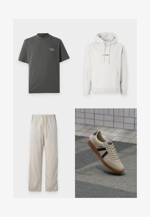 Svetlošedá mikina s klokankou, kapucňou na šnúrku a čiernym výšivkom na prednej strane. Zmesová bavlnená látka, manžety s rebrovaním.; Jack & Jones PREMIUM Printed - Tričko s potlačou - volcanic ash; Béžové, ľahké nohavice na šnúrku s elastickým pásom, so tmavými bočnými panelmi a voľným rovno strihaným dizajnom.; Béžové tenisky s textúrovaným povrchom, námorníckymi pruhmi a gumovou podrážkou. Obsahujú polstrovaný jazyk a tradičný šnurovací systém pre bezpečné prispôsobenie.