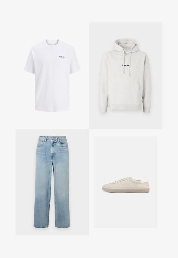 Lysegrå hættejakke med kengurulomme, snoretræk i hætten og broderet tekst i sort på fronten. Stoffet er en bomuldsblanding, ribbede manchetter.; Hvid bomulds t-shirt med rund hals, der har et lille blåt trykt logo på brystet med teksten "PADEL CLUB Barcelona." Korte ærmer.; Lys blå, lige ben denim jeans med høj talje, der har fem lommer og subtil fading. Rå kant og kontrasterende syninger.; Beige ruskindssneaker med en tekstureret overdel, glat hvid hælkappe, tynde snørebånd og en gummi-ydersål. Har et lavt profil design.