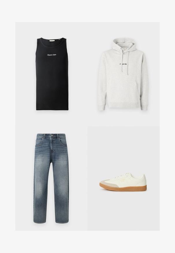 Lysegrå hættejakke med kengurulomme, snoretræk i hætten og broderet tekst i sort på fronten. Stoffet er en bomuldsblanding, ribbede manchetter.; Sort tanktop i ribbet stof. Har en rund halsudskæring og et lille hvidt "Originals Studio" logo på brystet.; Lyseblå denimjeans med lige pasform, der har fem lommer, lynlås og diskret falmning på benene. Afsluttet med syningsdetaljer.; Sneaker lavet af hvid læder med en beige tåhætte og let brunt gummisål. Har flade hvide snørebånd og prægede branding på siden.