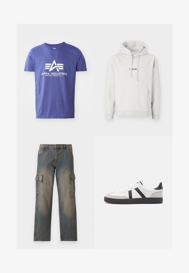 Sudadera gris claro con un bolsillo tipo canguro, capucha con cordón y texto bordado en negro en la parte delantera. Tejido de mezcla de algodón, puños acanalados.; Camiseta de algodón morada de manga corta, que presenta un logo blanco que incluye "ALPHA INDUSTRIES" y un diseño geométrico.; Pantalones cargo de mezclilla en un color azul desgastado, de corte holgado, con dos grandes bolsillos laterales, costuras rematadas y un diseño clásico de cinturilla.; Zapatilla blanca con acentos en negro y gris, que presenta una puntera texturizada en gris, suela de goma negra y cordones planos blancos. Diseño limpio, estilo minimalista.