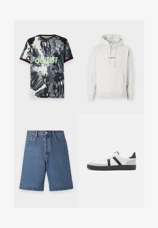 Hellgrauer Hoodie mit Kängurutasche, Kapuze mit Kordelzug und schwarzen gestickten Text auf der Vorderseite. Mischgewebe aus Baumwolle, gerippte Bündchen.; Kurzärmliges Sportshirt mit Rundhalsausschnitt in einem schwarzen, weißen und grauen abstrakten Muster; ausgestattet mit einem neonpinken "adiTUFF"-Logo und pinken Akzenten.; Jeansshorts in hellblau mit ausgewaschenem Finish, Fünf-Taschen-Design und einem Knopfverschluss am Bund.; Weiße Sneaker mit schwarz- und grau-aczenten, ausgestattet mit einer strukturierten grauen Zehenkappe, schwarzer Gummi-Sohle und flachen weißen Schnürsenkeln. Sauberes Design, minimalistische Stil.