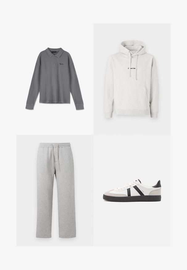 Lichtgrijze hoodie met een kangoeroezak, een capuchon met trekkoord en geborduurde tekst in het zwart aan de voorkant. Gemaakt van een katoenblend, met ribgebreide manchetten.; Lange mouwen polo in gestreept grijs stof. Heeft een kraag, een knoopsluiting met drie knopen en subtiele zwarte branding op de borst.; Grijze katoenen sweatpants met een elastische tailleband en trekkoord. Rechtoe rechtaan pijpontwerp met gestikte zomen en geen zakken.; Witte sneaker met zwarte en grijze accenten, voorzien van een grijze neus met textuur, zwarte rubberen zool en platte witte veters. Schoon ontwerp, minimalistische stijl.