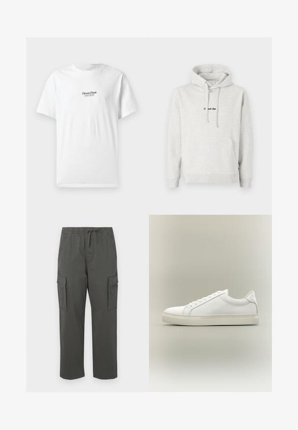 Lichtgrijze hoodie met een kangoeroezak, een capuchon met trekkoord en geborduurde tekst in het zwart aan de voorkant. Gemaakt van een katoenblend, met ribgebreide manchetten.; Witte katoenen T-shirt met korte mouwen, voorzien van de tekst "Palmiera Pantó" en "VENICE BEACH" in zwarte letters op de voorkant.; Donkergrijze cargobroek met een elastische tailleband, trekkoord, zijflapzakken en rechte pijpen.; Witte lage sneaker met veters aan de voorkant en dikke zool, zijaanzicht tegen een neutrale achtergrond.