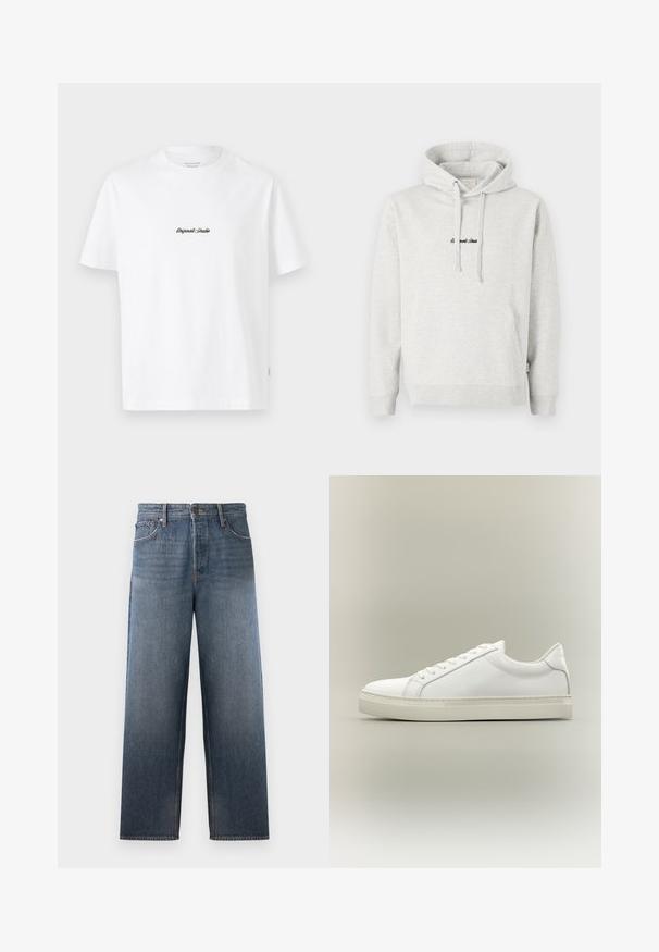 Lysegrå hættejakke med kengurulomme, snoretræk i hætten og broderet tekst i sort på fronten. Stoffet er en bomuldsblanding, ribbede manchetter.; Hvid bomulds t-shirt med korte ærmer, der har et lille sort "Originals Studio" logo på brystet og et tekstureret mærke på kanten.; Denimjeans i middelblå med lige ben design, der har fem lommer, knap- og lynlåslukning samt subtile falmeeffekter.; Hvid lavtop sneaker med snørebånd foran og tyk sål, vist fra siden mod en neutral baggrund.