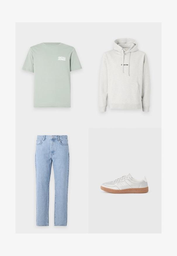 Lichtgrijze hoodie met een kangoeroezak, een capuchon met trekkoord en geborduurde tekst in het zwart aan de voorkant. Gemaakt van een katoenblend, met ribgebreide manchetten.; Lichtgroene katoenen T-shirt met een ronde halslijn en korte mouwen. Voorzien van een wit logo "JACK & JONES" dat op de linkerborst is gedrukt.; Lichtblauwe spijkerbroek met een recht model, vijf zakken en een knoopsluiting. Zachte textuur met een klassieke vervaagde afwerking.; Zilveren sneakers met een gladde textuur, vetersluiting, geperforeerde accenten en een gestructureerde bruine rubberen zool.