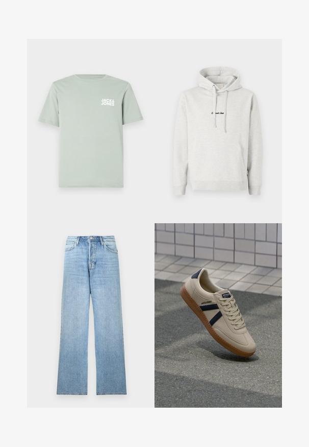 Hellgrauer Hoodie mit Kängurutasche, Kapuze mit Kordelzug und schwarzen gestickten Text auf der Vorderseite. Mischgewebe aus Baumwolle, gerippte Bündchen.; Hellgrünes Baumwoll-T-Shirt mit Rundhalsausschnitt und kurzen Ärmeln. Mit einem weißen Logo "JACK & JONES", das auf der linken Brust gedruckt ist.; Hellblaue Jeans aus Denim mit geradem Bein, Verschluss mit oberem Knopf, fünf Taschen und ausgefransten Säumen.; Beige Sneaker mit strukturierter Oberfläche, dunkelblauen Streifen und Gummisohle. Verfügt über eine gepolsterte Zunge und ein traditionelles Schnürsystem für einen sicheren Sitz.