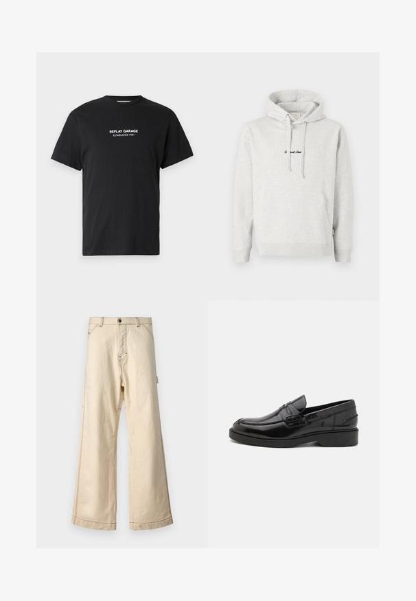 Hellgrauer Hoodie mit Kängurutasche, Kapuze mit Kordelzug und schwarzen gestickten Text auf der Vorderseite. Mischgewebe aus Baumwolle, gerippte Bündchen.; Schwarzes Baumwoll-T-Shirt mit kurzen Ärmeln, auf dem die weiß gedruckte Aufschrift "REPLAY GARAGE ESTABLISHED 1981" mittig auf der Brust prangt.; Beige weit geschnittene Hose aus Baumwolle mit einem Reißverschluss und Knopfverschluss, mit kontrastierenden Nähten und Seitentaschen.; Schwarze Lederloafers mit glatter Oberfläche, abgerundetem Zehenbereich, niedrigem Absatz und dekorativer Naht entlang der Vorderseite. Gummisohle für guten Halt.