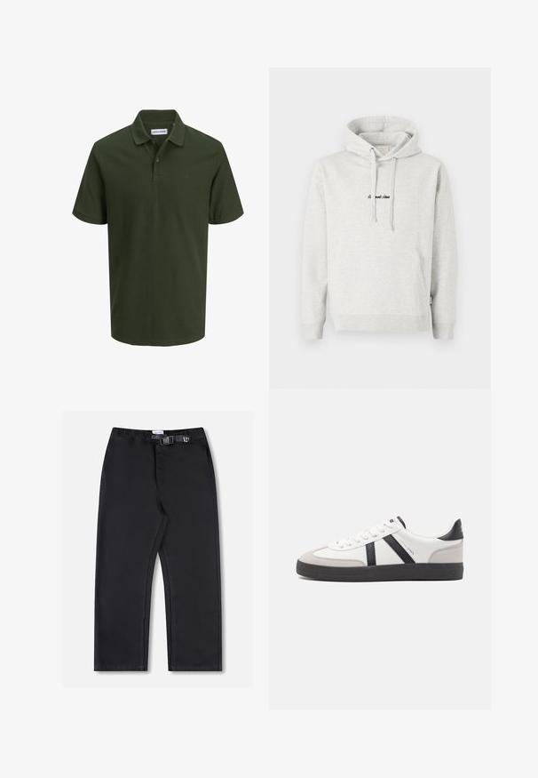 Lichtgrijze hoodie met een kangoeroezak, een capuchon met trekkoord en geborduurde tekst in het zwart aan de voorkant. Gemaakt van een katoenblend, met ribgebreide manchetten.; Donkergroene polo met een gestructureerde stof. Voorzien van een kraag, twee knopen en een klein logo op de borst. Korte mouwen.; Zwarte, rechte broek met elastische tailleband en zijsluiting met gesp, afgebeeld op een witte achtergrond.; Witte sneaker met zwarte en grijze accenten, voorzien van een grijze neus met textuur, zwarte rubberen zool en platte witte veters. Schoon ontwerp, minimalistische stijl.