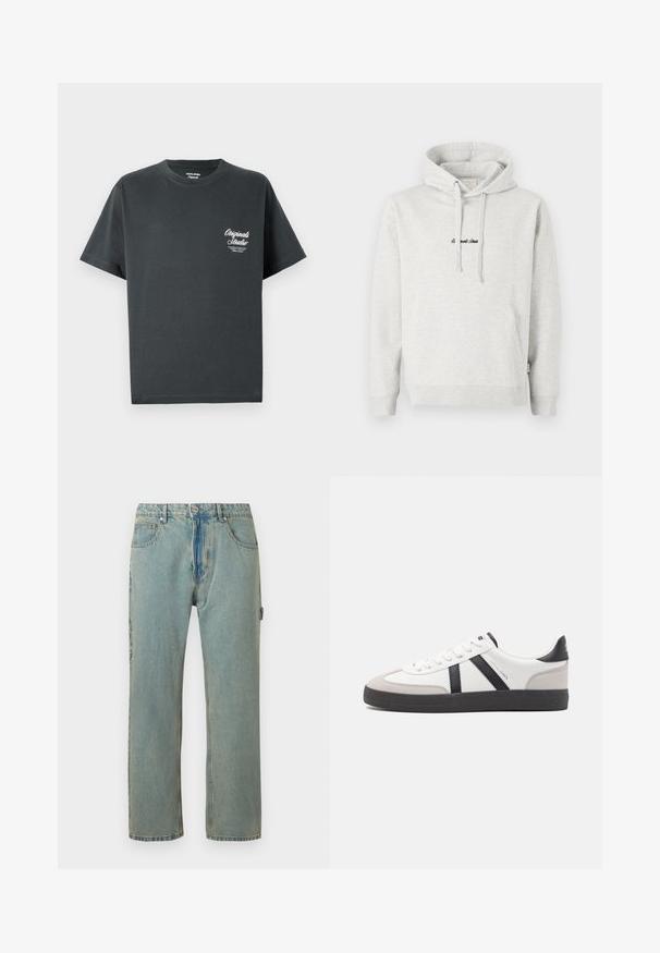 Lysegrå hættejakke med kengurulomme, snoretræk i hætten og broderet tekst i sort på fronten. Stoffet er en bomuldsblanding, ribbede manchetter.; Mørkegrå bomulds t-shirt med rund hals, korte ærmer og et hvidt skriptlogo på venstre brystområde. Enkel, udekoreret design.; Lys blå, løstsiddende denimjeans med fem lommer, knaplukning og synlige syninger. Stoffet har et falmet, tekstureret udseende.; Hvide sneakers med sorte og grå detaljer, med en tekstureret grå tåhætte, sort gummisål og flade hvide snørebånd. Rent design, minimalistisk stil.