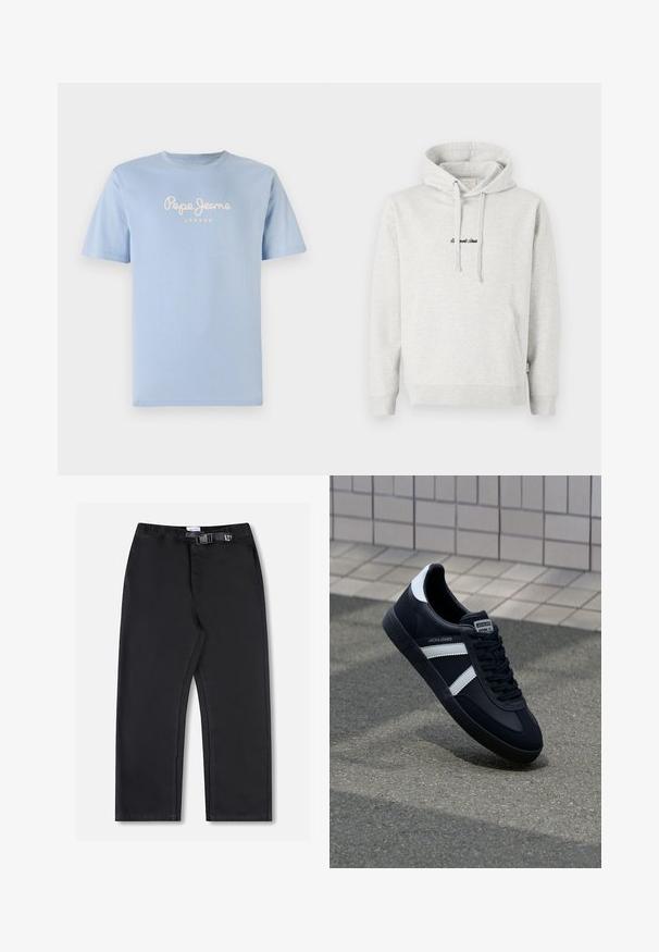 Lysegrå hættejakke med kengurulomme, snoretræk i hætten og broderet tekst i sort på fronten. Stoffet er en bomuldsblanding, ribbede manchetter.; Lyseblå bomulds t-shirt med rund halsudskæring og korte ærmer. Den viser "Pepe Jeans London" i hvid skriveskrift hen over brystet.; Sorte buks med lige ben, elastisk taljebånd og sidelukning med spænde, vist på en hvid baggrund.; Sort lædersneaker med hvide striber, tekstureret gummisål og snørrebånd foran. Har et brandet mærke på tungen.