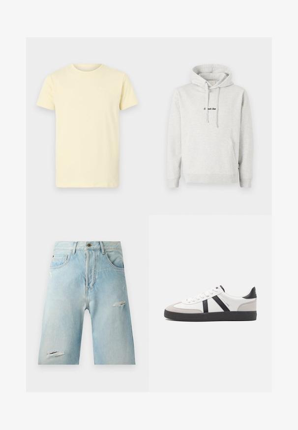 Hoodie gris clair avec une poche kangourou, capuche avec cordon de serrage et texte brodé en noir sur le devant. Tissu en mélange de coton, poignets côtelés.; T-shirt en coton jaune clair à manches courtes et col rond ; présente un petit logo blanc sur le haut à gauche de la poitrine.; Shorts en denim bleu clair avec une coupe décontractée, présentant des accents déchirés, des poches latérales et une fermeture à un bouton par-dessus.; Baskets blanches avec des accents noirs et gris, présentant un embout texturé gris, une semelle en caoutchouc noir et des lacets plats blancs. Design épuré, style minimaliste.