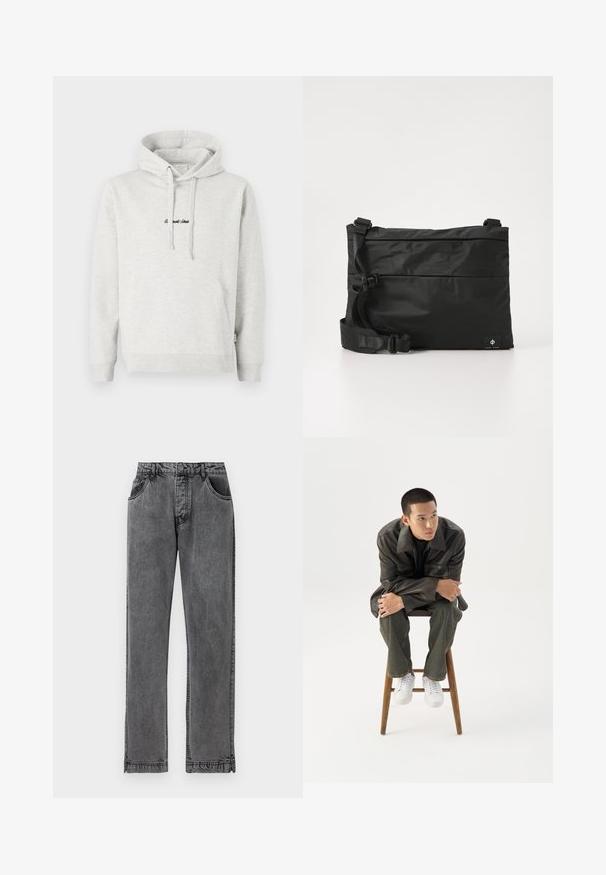 Heledast hall sweatshirt, millel on kängurupocket, kõikuma cape ja musta värvi tikandiga tekst ees. Puuvillase segu kangas, ribaga soonikuid.; Mustadest denimist püksid sirge sääre disainiga, viie taskuga, nööbiga kinnitamine ja õmblustel peened tikandid.; Noor mees tumedas nahktakšis ja teksades istub puidust pingil, kaldub ette, käed rüpes, vaatab valgel taustal küljele.; Mustast nailonist kullerikott reguleeritava rihmaga, lame disain ja külgedel asuv logo sildiga. Sile tekstuur ja minimalistlik stiil.