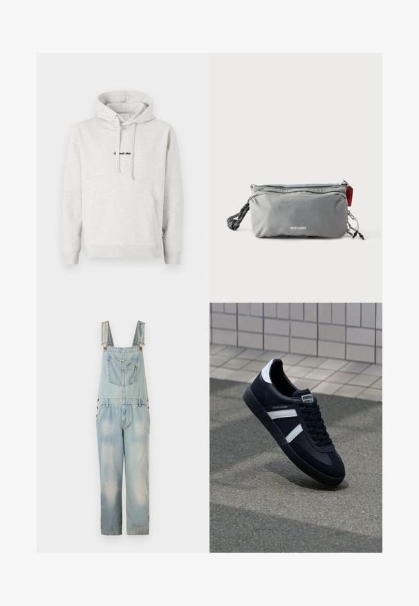Sudadera gris claro con un bolsillo tipo canguro, capucha con cordón y texto bordado en negro en la parte delantera. Tejido de mezcla de algodón, puños acanalados.; Breteles de mezclilla azul claro con tirantes ajustables, bolsillos en el pecho y los laterales, y un corte holgado y corto. Presenta zonas descoloridas.; Zapatilla de cuero negra con rayas blancas, suela de goma texturizada y parte frontal con cordones. Cuenta con una etiqueta de marca en la lengüeta.; Bolsa rectangular gris con cremalleras, asa de cuerda en negro y blanco en un lado y texto "ONLY & SONS" en el centro frontal.