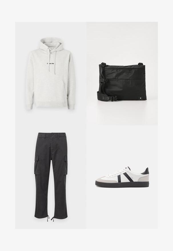 Hellgrauer Hoodie mit Kängurutasche, Kapuze mit Kordelzug und schwarzen gestickten Text auf der Vorderseite. Mischgewebe aus Baumwolle, gerippte Bündchen.; Schwarze Cargo-Hosen mit zwei Seitentaschen, verstellbaren Kordelzugbündchen, einem Knopfverschluss und einer glatten, strapazierfähigen Stoffoberfläche.; Weiße Sneaker mit schwarz- und grau-aczenten, ausgestattet mit einer strukturierten grauen Zehenkappe, schwarzer Gummi-Sohle und flachen weißen Schnürsenkeln. Sauberes Design, minimalistische Stil.; Schwarze Nylon-Umhängetasche mit verstellbarem Riemen, flachem Design und seitlichem Etikett mit Logo. Glatte Textur und minimalistischer Stil.